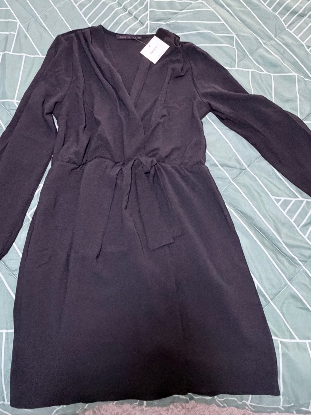 Women's Black Long-Sleeve Wrap Dress with Tie Waist